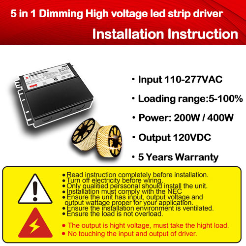 Instrucciones de instalación del controlador J-box LED regulable con tira LED de alto voltaje con atenuación 5 en 1
        